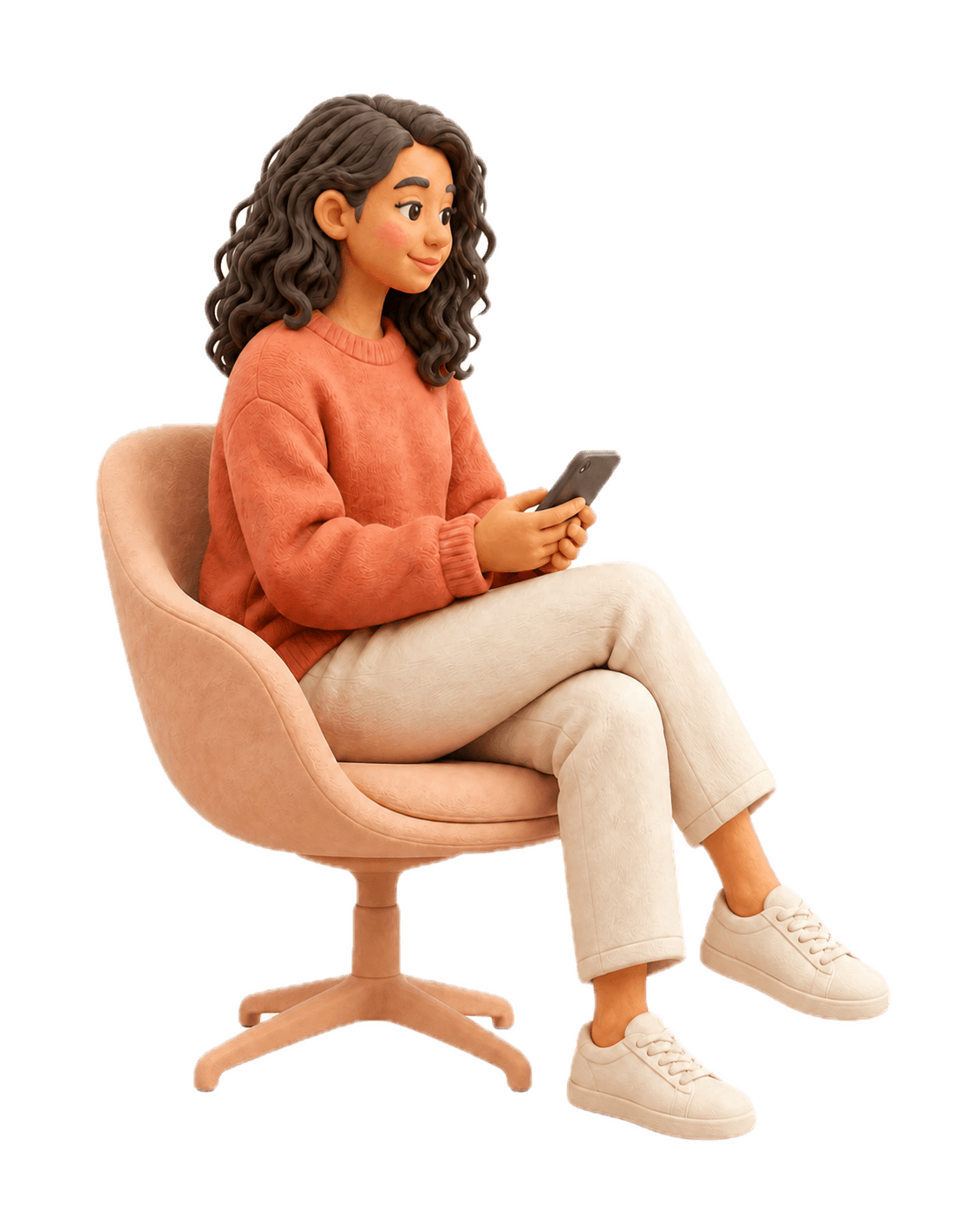 Emily seated with her phone